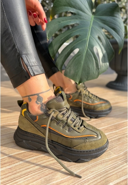 LQZ Shoes Imkea Yeşil Süet Turuncu Detaylı Spor Ayakkabı
