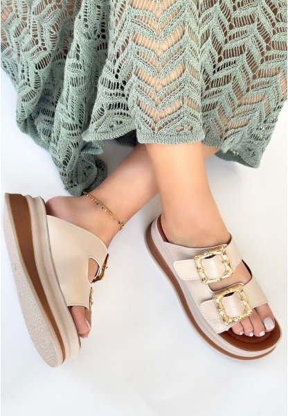 LQZ Shoes Jalli Bej Cilt Terlik