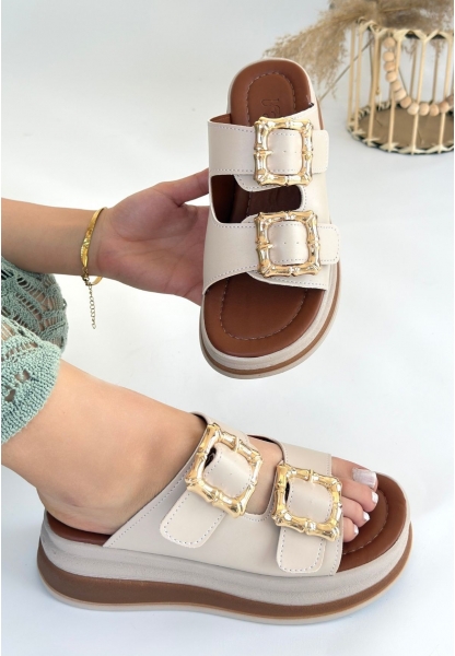 LQZ Shoes Jalli Bej Cilt Terlik