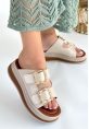 LQZ Shoes Jalli Bej Cilt Terlik
