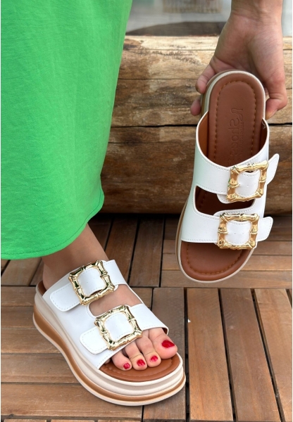 LQZ Shoes Jalli Beyaz Cilt Terlik