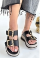 LQZ Shoes Jalli Siyah Cilt Terlik
