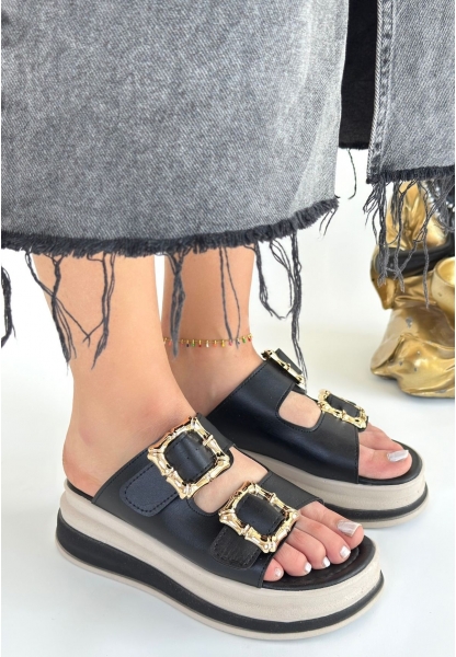 LQZ Shoes Jalli Siyah Cilt Terlik