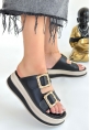 LQZ Shoes Jalli Siyah Cilt Terlik