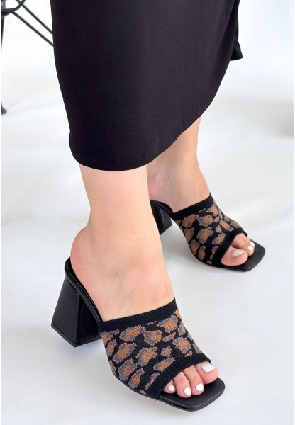 LQZ Shoes Janji Siyah Triko Desenli Topuklu Terlik