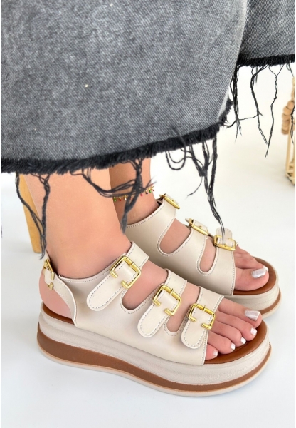 LQZ Shoes Jatay Bej Cilt Sandalet