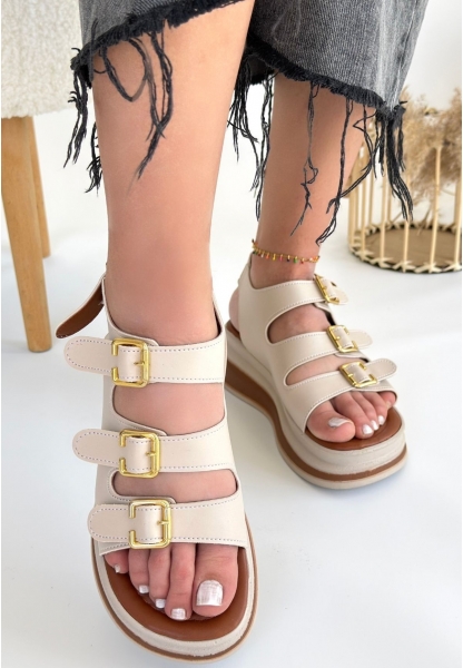 LQZ Shoes Jatay Bej Cilt Sandalet