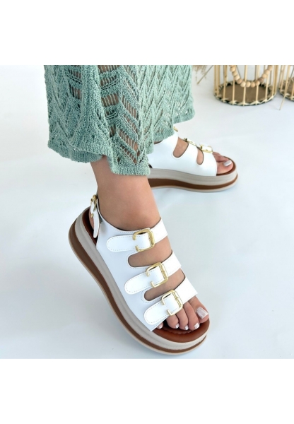 LQZ Shoes Jatay Beyaz Cilt Sandalet
