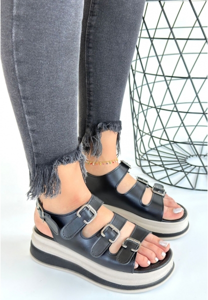 LQZ Shoes Jatay Siyah Cilt Sandalet