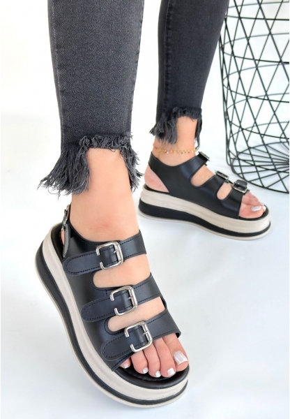 LQZ Shoes Jatay Siyah Cilt Sandalet
