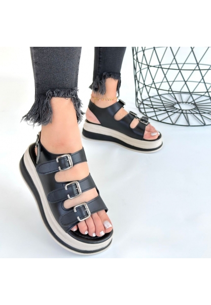 LQZ Shoes Jatay Siyah Cilt Sandalet