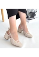 LQZ Shoes Jecci Bej Cilt Topuklu Ayakkabı