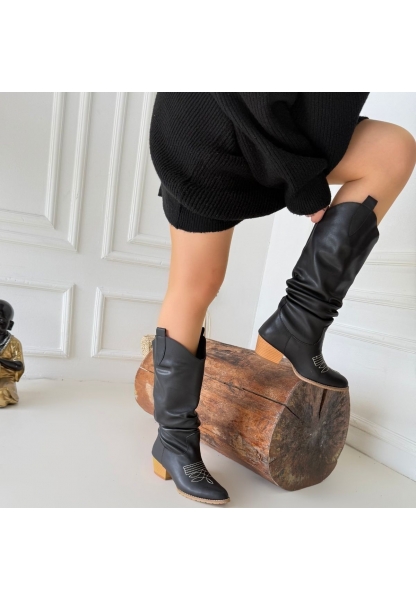 LQZ Shoes Jeoni Siyah Cilt Topuklu Çizme