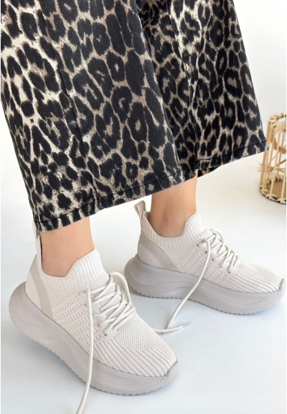 LQZ Shoes Jindy Bej Triko Bağcıklı Spor  Ayakkabı