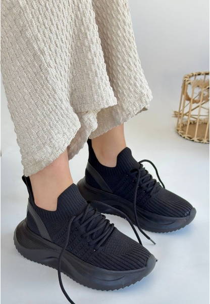 LQZ Shoes Jindy Siyah Triko Bağcıklı Spor  Ayakkabı