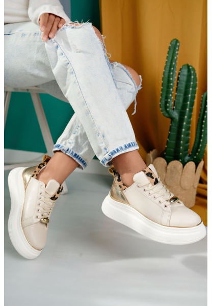 LQZ Shoes Jista Bej Cilt Bağcıklı Spor Ayakkabı