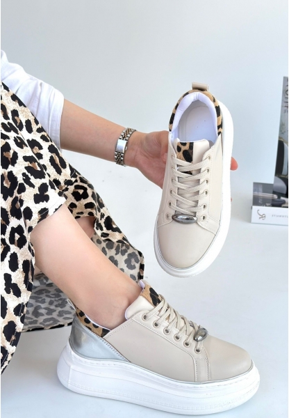 LQZ Shoes Jista Bej Cilt Gümüş Detaylı Bağcıklı Spor Ayakkabı