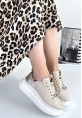 LQZ Shoes Jista Bej Cilt Gümüş Detaylı Bağcıklı Spor Ayakkabı