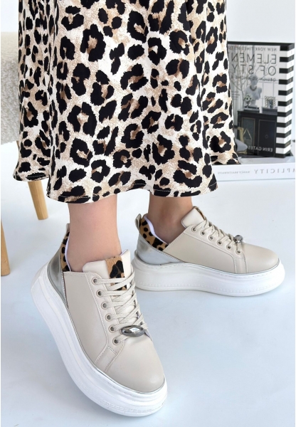 LQZ Shoes Jista Bej Cilt Gümüş Detaylı Bağcıklı Spor Ayakkabı