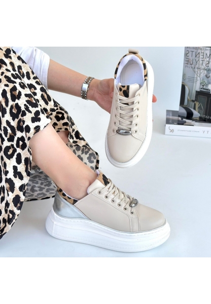 LQZ Shoes Jista Bej Cilt Gümüş Detaylı Bağcıklı Spor Ayakkabı