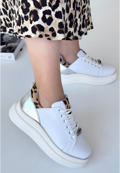 LQZ Shoes Jista Beyaz Cilt Gümüş Detaylı Bağcıklı Spor Ayakkabı