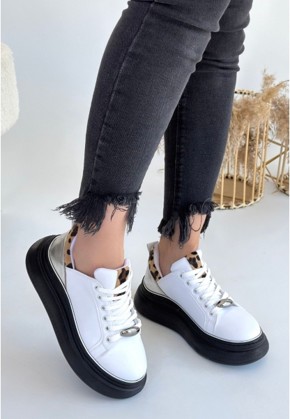 LQZ Shoes Jista Beyaz Cilt Siyah Tabanlı Bağcıklı Spor Ayakkabı