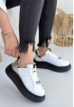 LQZ Shoes Jista Beyaz Cilt Siyah Tabanlı Bağcıklı Spor Ayakkabı