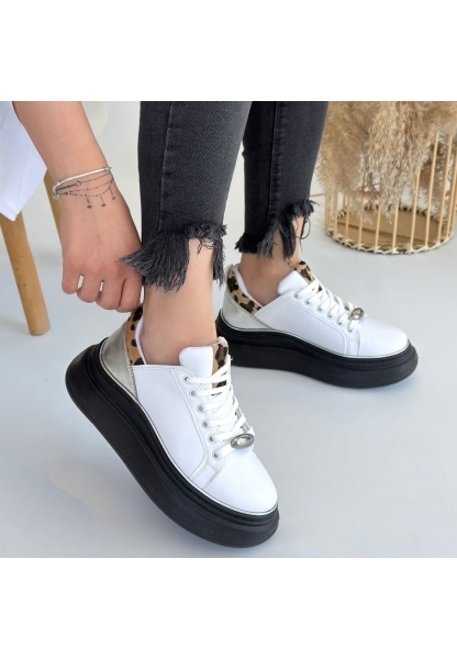 LQZ Shoes Jista Beyaz Cilt Siyah Tabanlı Bağcıklı Spor Ayakkabı