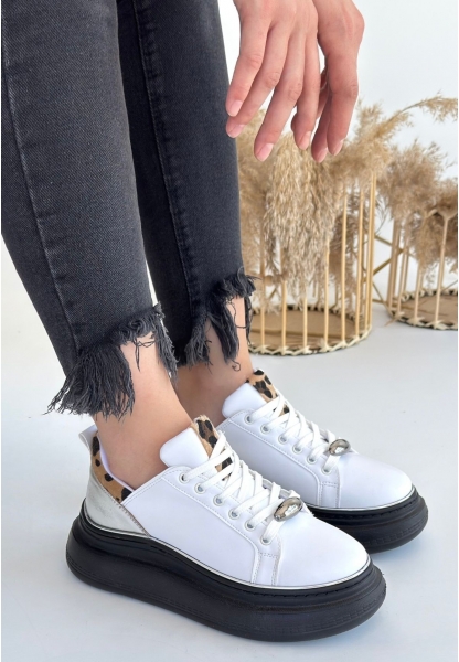 LQZ Shoes Jista Beyaz Cilt Siyah Tabanlı Bağcıklı Spor Ayakkabı