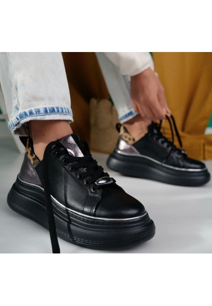 LQZ Shoes Jista Siyah Cilt Bağcıklı Spor Ayakkabı