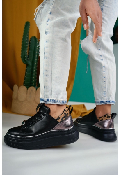 LQZ Shoes Jista Siyah Cilt Bağcıklı Spor Ayakkabı