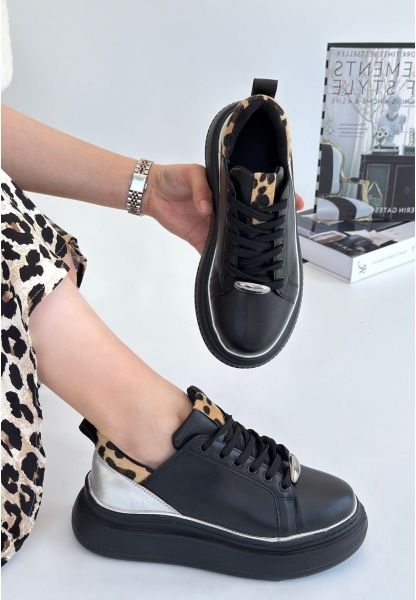 LQZ Shoes Jista Siyah Cilt Gümüş Detaylı Bağcıklı Spor Ayakkabı