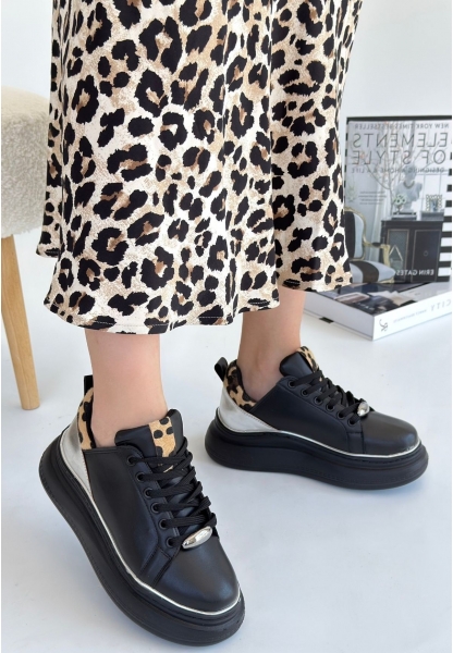 LQZ Shoes Jista Siyah Cilt Gümüş Detaylı Bağcıklı Spor Ayakkabı