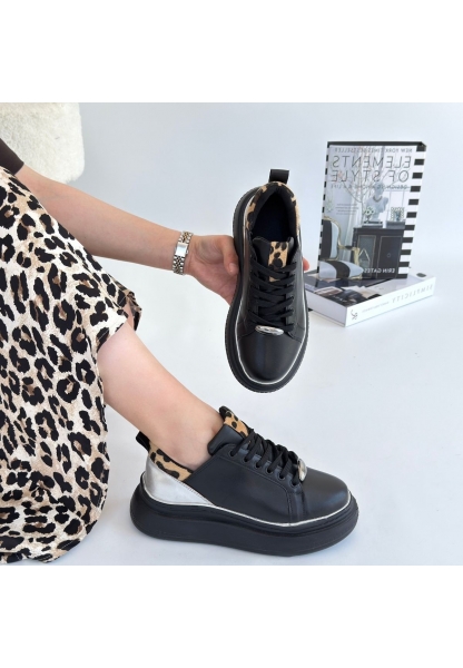 LQZ Shoes Jista Siyah Cilt Gümüş Detaylı Bağcıklı Spor Ayakkabı