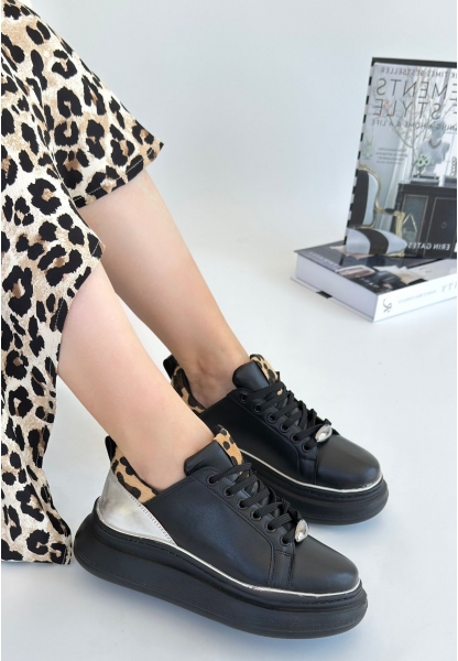 LQZ Shoes Jista Siyah Cilt Gümüş Detaylı Bağcıklı Spor Ayakkabı