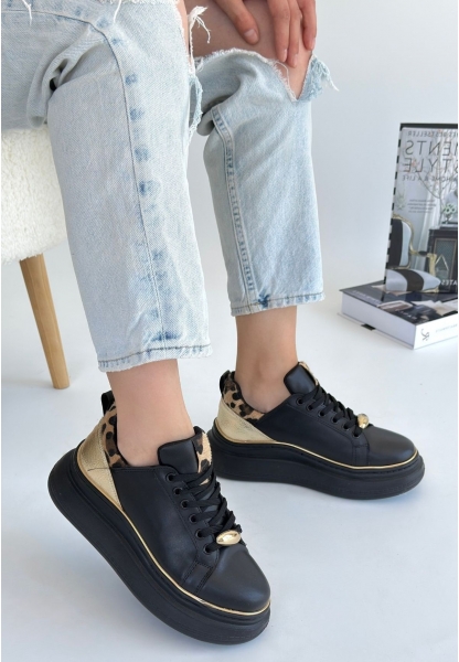 LQZ Shoes Jista Siyah Cilt Sarı Detaylı Bağcıklı Spor Ayakkabı