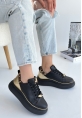 LQZ Shoes Jista Siyah Cilt Sarı Detaylı Bağcıklı Spor Ayakkabı