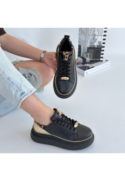LQZ Shoes Jista Siyah Cilt Sarı Detaylı Bağcıklı Spor Ayakkabı