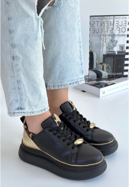 LQZ Shoes Jista Siyah Cilt Sarı Detaylı Bağcıklı Spor Ayakkabı
