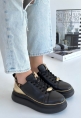 LQZ Shoes Jista Siyah Cilt Sarı Detaylı Bağcıklı Spor Ayakkabı