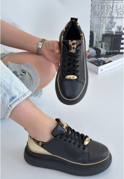 LQZ Shoes Jista Siyah Cilt Sarı Detaylı Bağcıklı Spor Ayakkabı