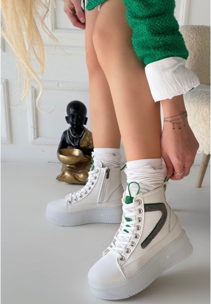 LQZ Shoes Joila Beyaz Cilt Yeşil Detaylı Bot