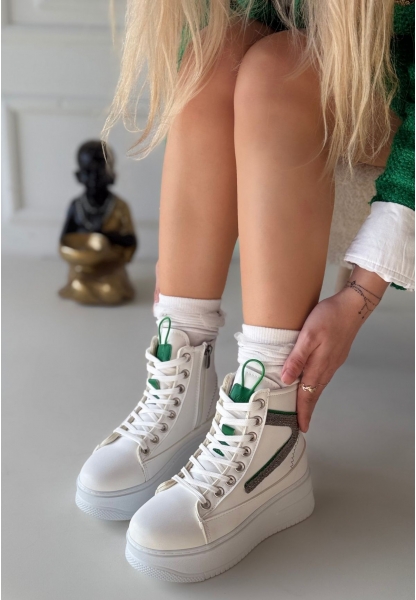 LQZ Shoes Joila Beyaz Cilt Yeşil Detaylı Bot