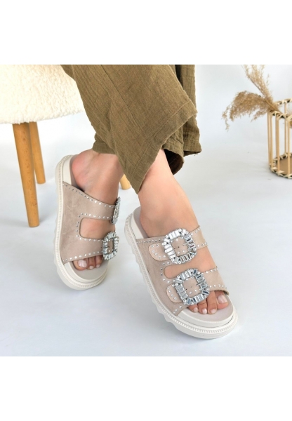 LQZ Shoes Juana Bej Nubuk Taşlı Terlik