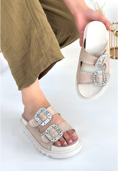 LQZ Shoes Juana Bej Nubuk Taşlı Terlik