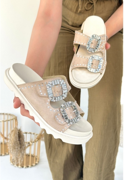 LQZ Shoes Juana Bej Nubuk Taşlı Terlik