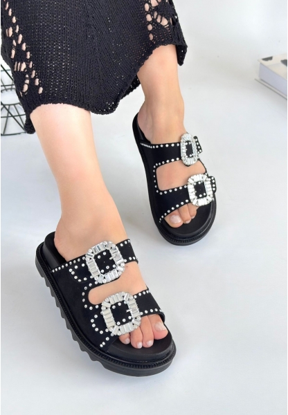 LQZ Shoes Juana Siyah Nubuk  Taşlı Terlik