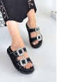 LQZ Shoes Juana Siyah Nubuk  Taşlı Terlik