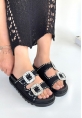 LQZ Shoes Juana Siyah Nubuk  Taşlı Terlik