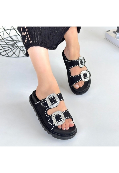 LQZ Shoes Juana Siyah Nubuk  Taşlı Terlik